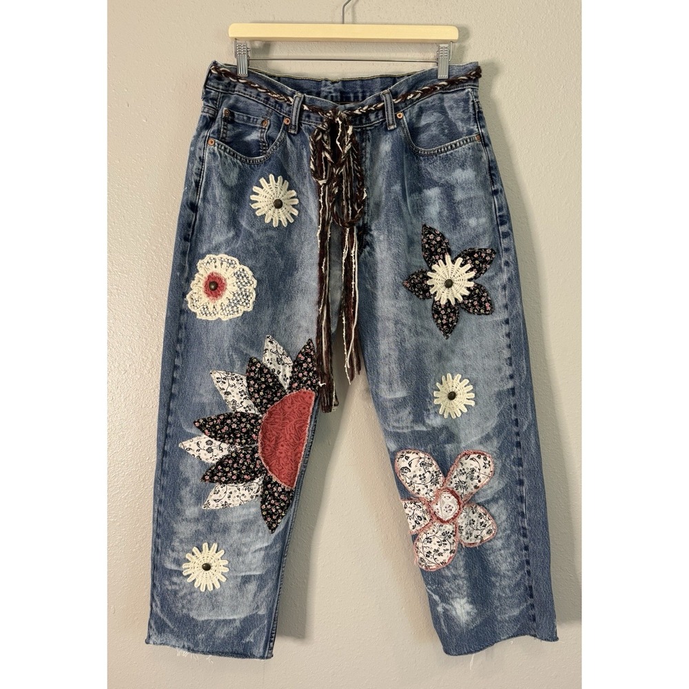 OOAK Upcycled Vintage Levi's 550 Jeans Floral Patchwork Boho Hippie W36